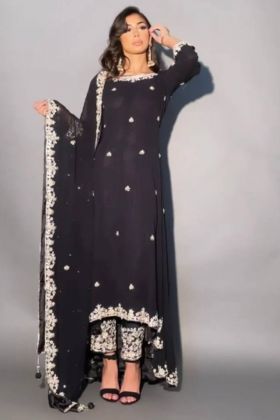 Black Chain Stitch Work Up Down Style Readymade Gown