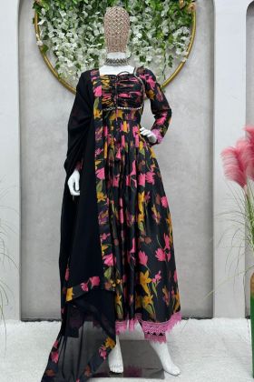 Black Chinon Silk Digital Print Gown