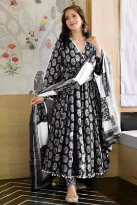 Black Digital Printed Readymade V Neck Anarkali Style Gown