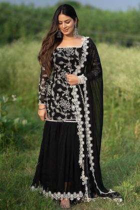 Black Embroidery Work Faux Georgette Sharara Salwar Suit
