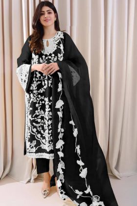 Black Embroidery Work Faux Georgette Straight Salwar Suit