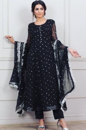 Black Embroidery Work Georgette Long Anarkali Style Gown