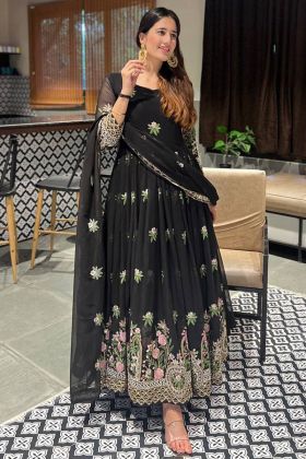 Black Embroidery Work Long Anarkali Gown