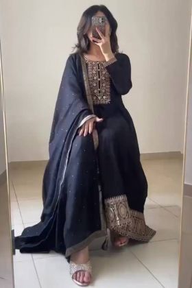 Black Faux Georgette Embroidery Work Gown