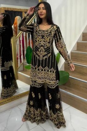 Black Faux Georgette Embroidery Work Sharara Suit