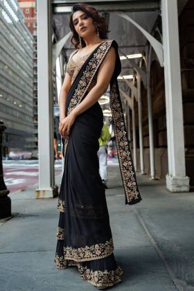 Buy Likha by Nykaa Fashion Black Satin Solid Embellished & Sequined Saree  with Unstitched Blouse at Redfynd