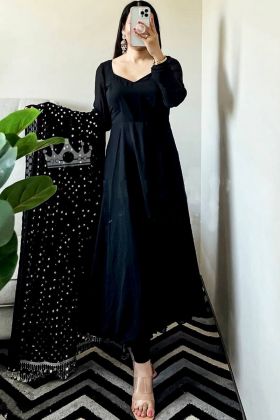 Black Faux Georgette Plain Gown With Sequence Dupatta