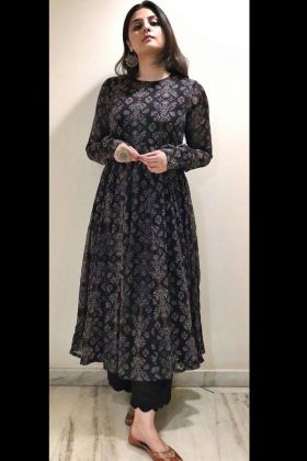 Black Faux Georgette Silk Digital Printed Anarkali Gown