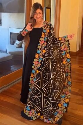 Black Faux Georgette Silk Plain Anarkali Gown With Printed Dupatta