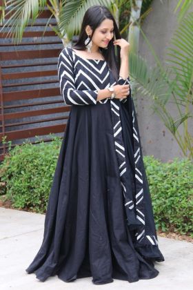 Black Flax Cotton Readymade Anarkali Gown