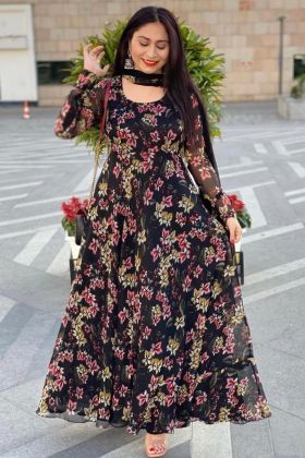 Black Georgette Flower Printed Anarkali Gown