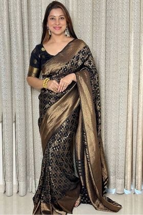 Black Golden Zari Weaving Work Soft Silk Saree