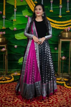 Black Pure Silk Zari Weaving Work Anarkali Gown