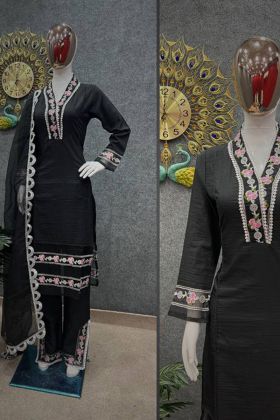 Black Pure Soft Maska Cotton Silk Flower Embroidery Work Dress