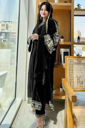 Black Pure Viscose Velvet Pant Style Salwar Suit