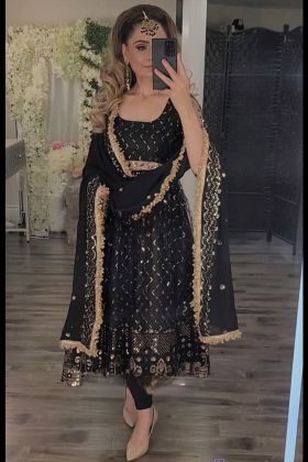 Black Sequence Work Anarkali Gown With Pant