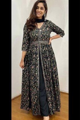 Black Sequence Work Slit Cut Anarkali Style Gown