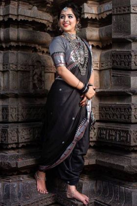 Black Soft Lichi Silk Maharastrian Style Saree