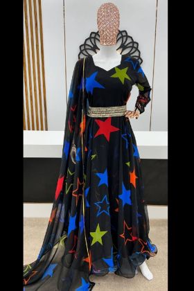 Black Star Printed Faux Georgette Anarkali Gown