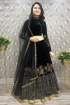 Black Velvet Thread Embroidery Lehenga Choli