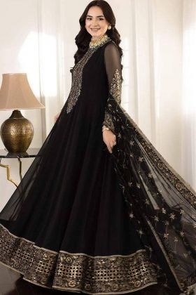 Black Viscose Velvet Long Anarkali Style Gown