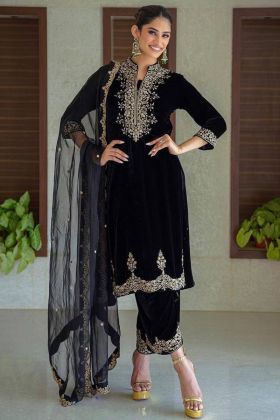 Black Viscose Velvet Straight Salwar Suit