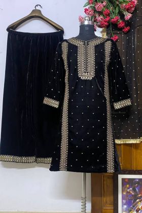 Black Zari Embroidery Work Heavy 9000 Velvet Salwar Suit