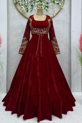 Blood Red 9000 Velvet Thread Work Anarkali Gown