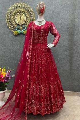 Blood Red Embroidery Work Soft Butterfly Net Gown