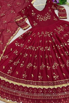 Blood Red Faux Georgette Embroidery Work Anarkali Gown