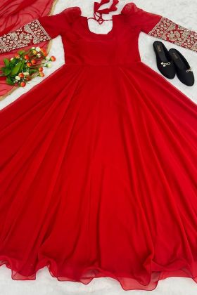 Blood Red Faux Georgette Embroidery Work Long Gown