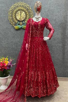 Blood Red Sequence Work Soft Butterfly Net Gown