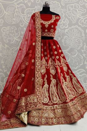Blood Red Zari Embroidery Work Bridal Special Lehenga Choli