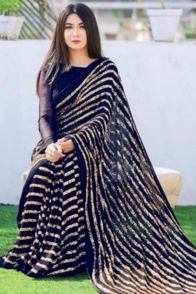 Blue And Golden Sequence Work Striped Saree