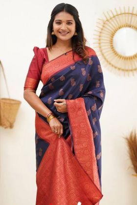 Blue Banarasi Soft Silk Copper Weaving Work Saree