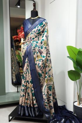 Blue Dola Silk Printed Saree
