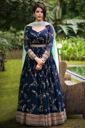 Blue Embroidery Work Anarkali Gown With Contrast Dupatta