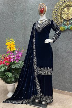 Blue Embroidery Work Readymade Straight Suit
