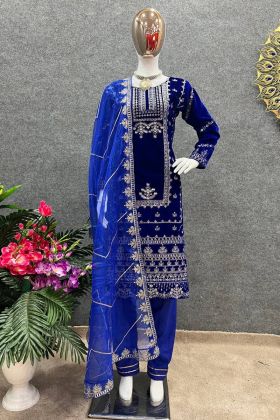 Blue Embroidery Work Viscose Velvet Straight Dress