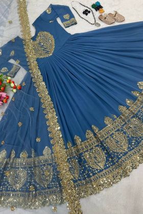 Blue Faux Georgette Embroidered Work Long Gown