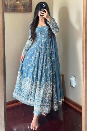 Blue Faux Georgette Embroidery Work Anarkali Gown