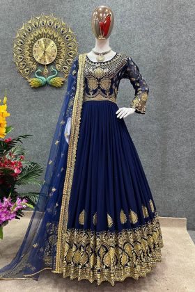 Blue Faux Georgette Embroidery Work Gown
