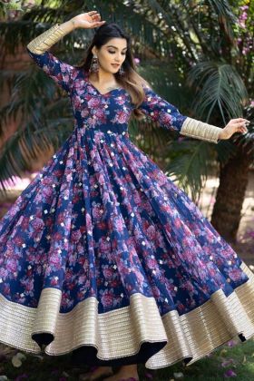Blue Flower Printed Micro Cotton Anarkali Gown