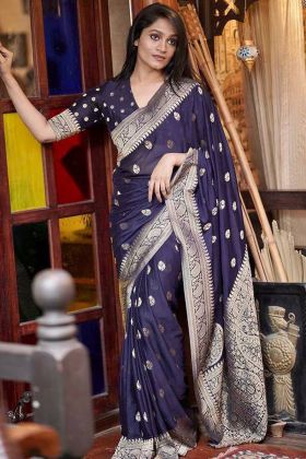 Blue Gold Zari Weaving Work Banarasi Silk Saree