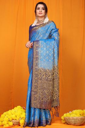 Blue Golden Zari Weaving Work Saree