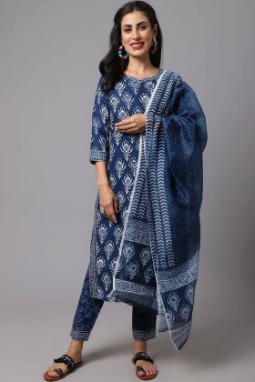 Blue Heavy Rayon Printed Straight Salwar Suit