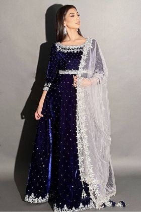 Blue Rivet Moti Work Anarkali Style Long Gown