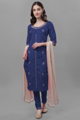 Blue Taffeta Silk Embroidery Work Straight Suit