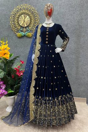 Blue Viscose Velvet Embroidery Work Readymade Gown