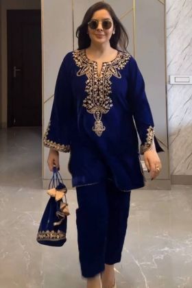 Blue Viscose Velvet Readymade Velvet Salwar Suit